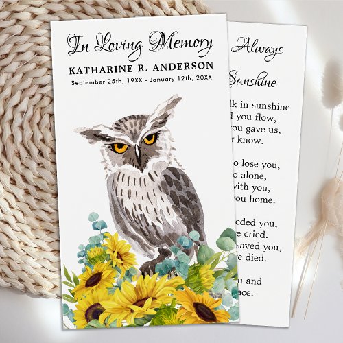 Memorial Funeral Prayer Card Owl Bird Sunflowers 