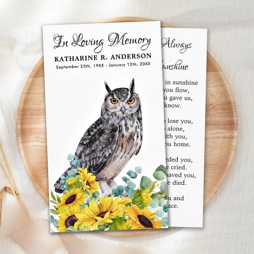 Memorial Funeral Prayer Card Owl Sunflower Floral