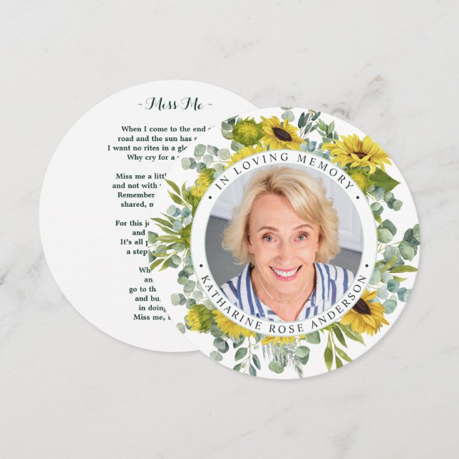 Memorial Funeral Prayer Card Sunflower Eucalyptus  (Front/Back)
