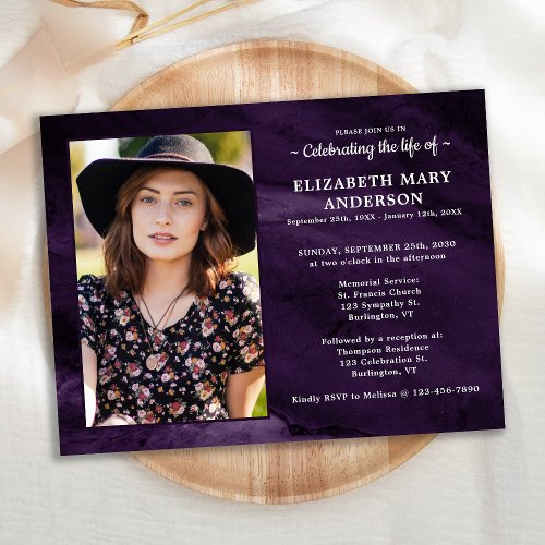 Memorial Funeral Purple Marble Celebration Life Invitation Postcard
