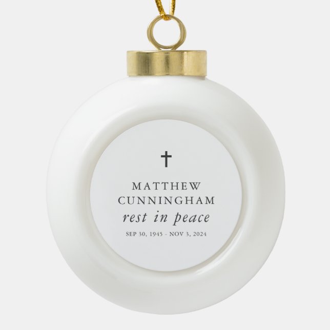 Memorial Funeral Rest In Peace Modern Simple Cross Ceramic Ball Christmas Ornament (Front)