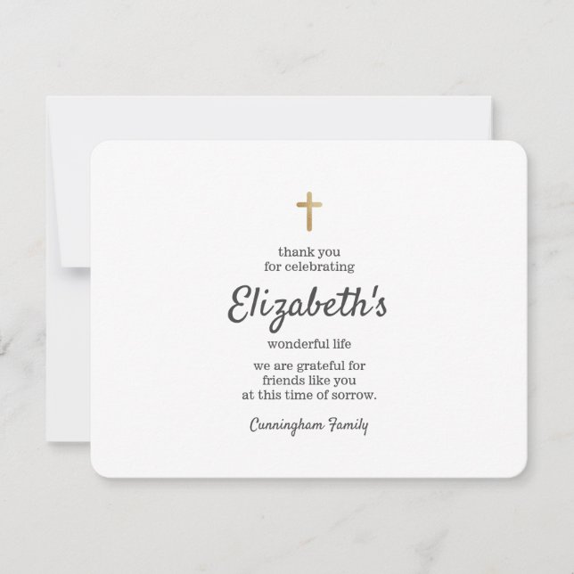 Memorial Funeral Simple Gold Cross Thank You Card (Front)
