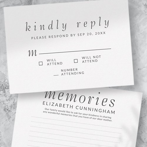 Memorial Funeral Simple Memories Kindly Reply RSVP Card