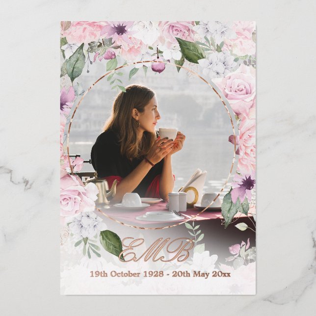 Memorial Funeral sSimple Floral Rose Gold Photo Foil Invitation (Front)
