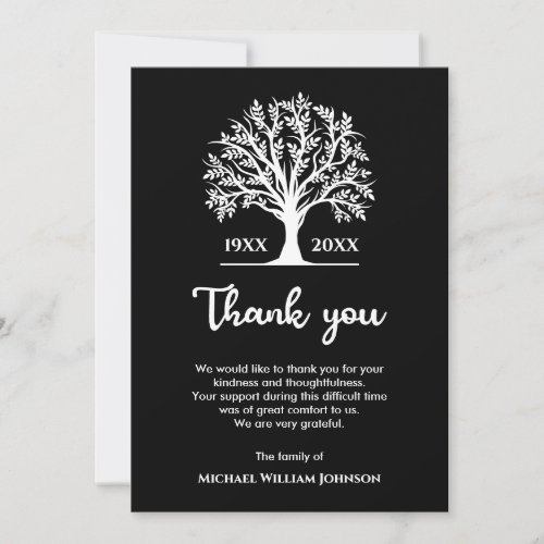 Memorial Funeral Tree Of Life Black And White Thank You Card
