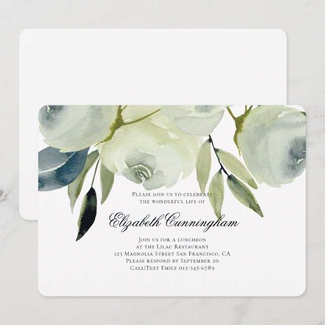 Memorial Funeral Watercolor Floral and Foliage Invitation (Front/Back)