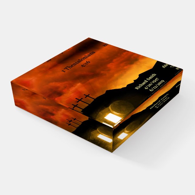 Memorial Glass Paperweight Scripture Name & Date (Angled)