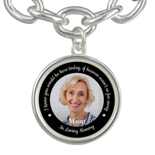 Memorial Graduation Cap Tassel Custom Photo  Bracelet - Add the finishing touch to your graduation cap with this custom photo graduation memorial charm . Quote: " I know you would be here today, if heaven wasn't so far away... In Loving Memory" Personalize with you loved ones photo. This graduation memorial tassel charm is perfect in memory of dad, mom, grandmother or grandfather.  COPYRIGHT © 2020 Judy Burrows, Black Dog Art - All Rights Reserved. Memorial Graduation Cap Tassel Custom Photo Bracelet