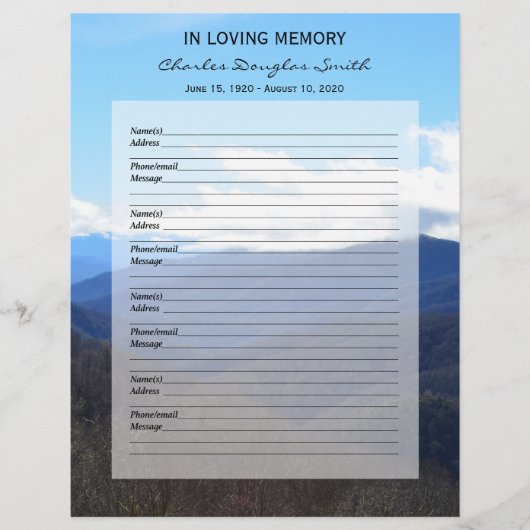 Memorial Guest Book Filler Page Mountains (Front)