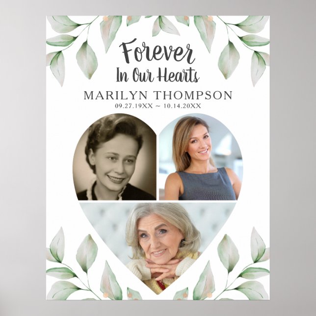 Memorial Heart Shaped 3 Photos Greenery Poster (Front)