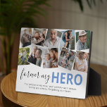 Memorial Hero Dad Photo Collage Plaque<br><div class="desc">A modern memorial plaque featuring a photo collage of 10 family photos of you and your dad, the saying "forever my hero", and the quote "your presence we miss, your memory we treasure, loving you always, forgetting you never". This plaque makes a precious memorial keepsake for someone whos father has...</div>