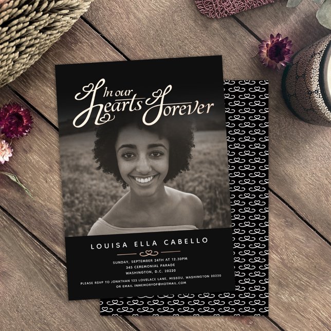 Memorial in hearts photo funeral black gold foil invitation (Creator Uploaded)
