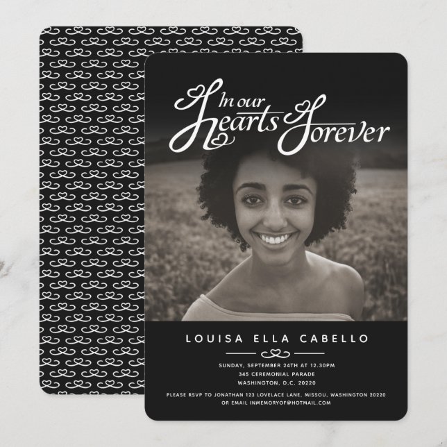 Memorial in hearts photo funeral black invitations (Front/Back)
