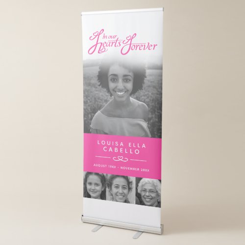 Memorial in hearts photos funeral pink white retractable banner