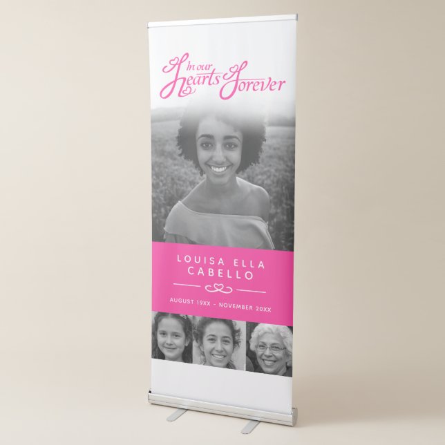 Memorial in hearts photos funeral pink white retractable banner (3/4)