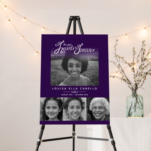 Memorial in hearts photos funeral purple white foam board