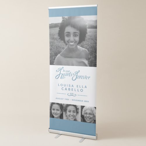 Memorial in hearts photos funeral white blue retractable banner