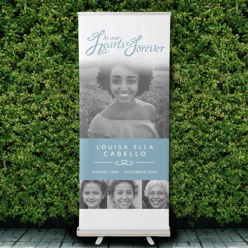 Memorial in hearts photos funeral white gray blue retractable banner