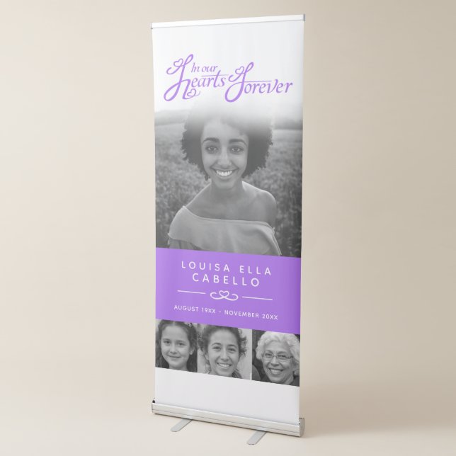 Memorial in hearts photos funeral white purple retractable banner (3/4)