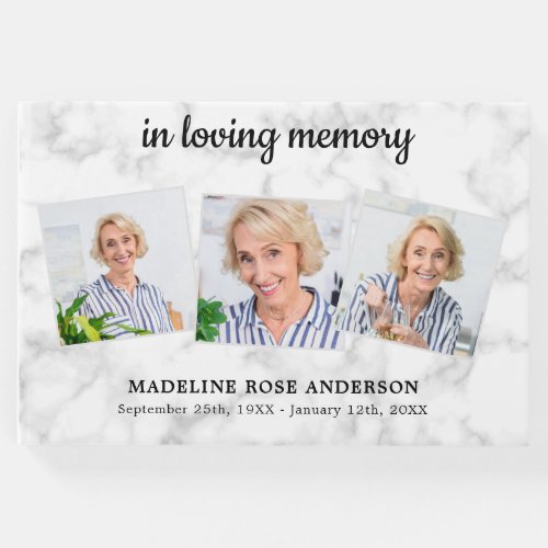 Memorial In Loving Memory 3 Photo Keepsake Funeral Guest Book - Modern Marble Memorial Sympathy 3 Photo Funeral Guest Book. This funeral guest book feature a unique photo collage for 3 of your favorite photos, name and dates, on a white marble design. Personalize the spine with message and name. This modern elegant marble guest book is perfect keepsake for memorial service, celebration of life and funeral . COPYRIGHT © 2020 Judy Burrows, Black Dog Art - All Rights Reserved. Memorial In Loving Memory 3 Photo Keepsake Funeral Guest Book