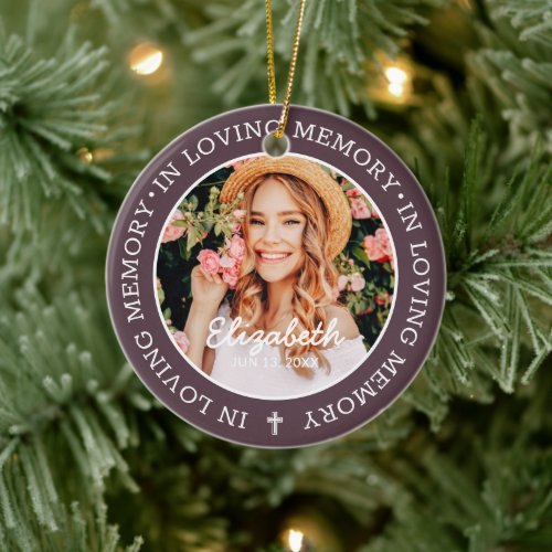 Memorial In Loving Memory Modern Cross Photo Ceramic Ornament