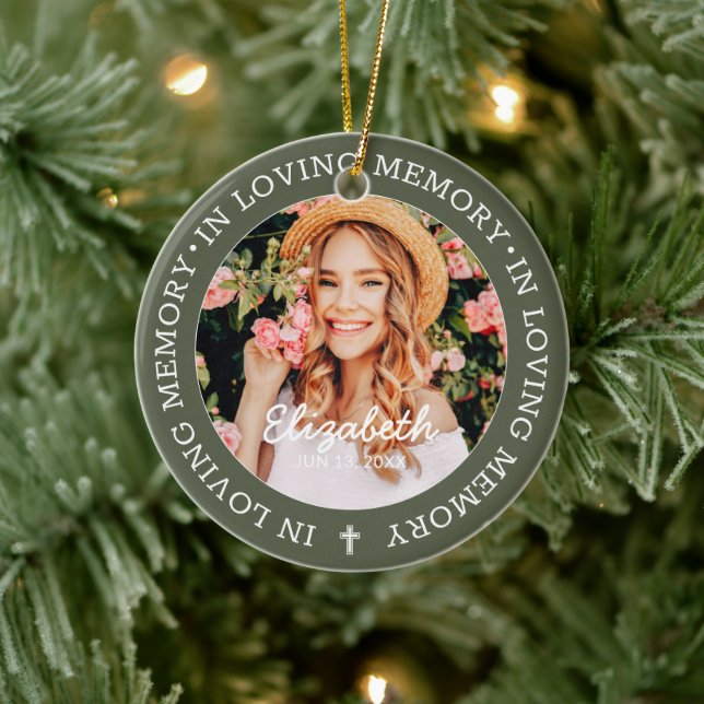 Memorial In Loving Memory Modern Cross Photo Ceramic Ornament (Tree)