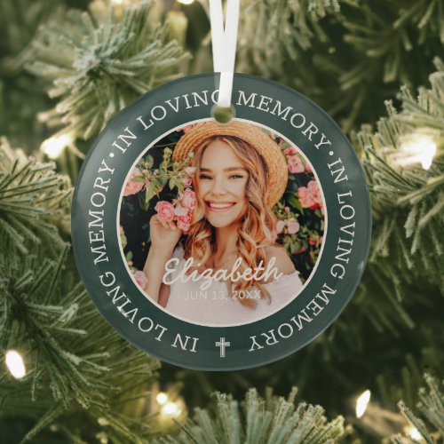 Memorial In Loving Memory Modern Cross Photo Glass Ornament