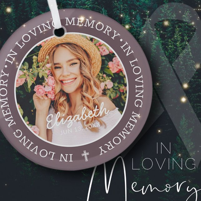 Memorial In Loving Memory Modern Cross Photo Glass Ornament (Creator Uploaded)