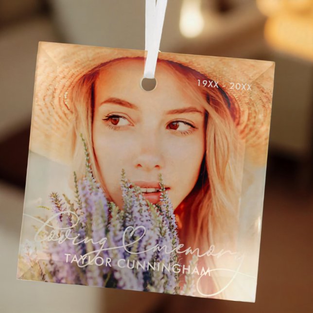 Memorial In Loving Memory Modern Heart Photo Glass Ornament (Creator Uploaded)