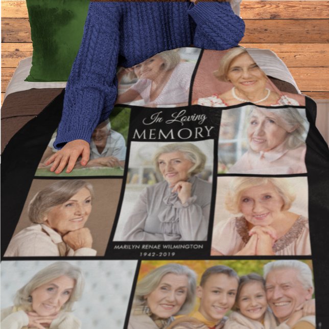 Memorial IN LOVING MEMORY Photo Collage Black Fleece Blanket (Creator Uploaded)