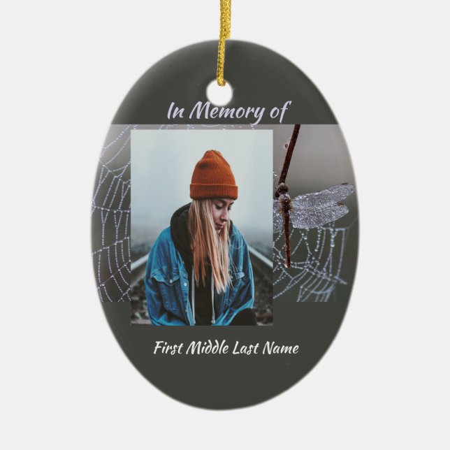 Memorial Keepsake  Card Dragonfly Dewdrops Ceramic Ornament (Front)