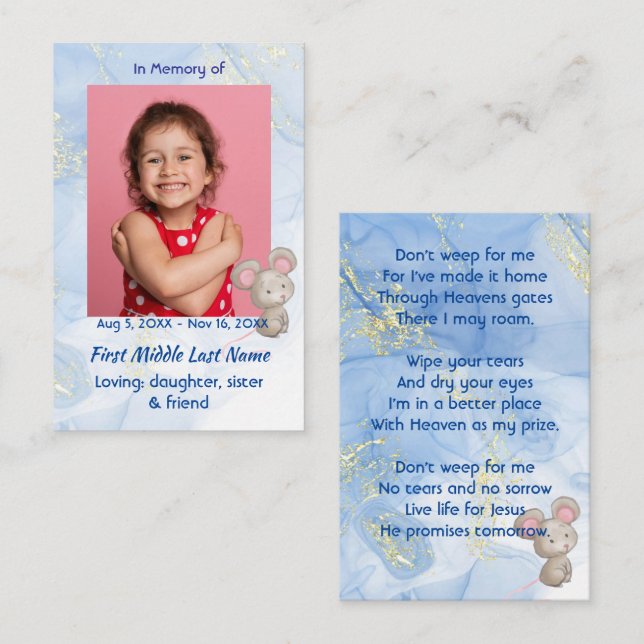 Memorial Keepsake Cute Little Mouse Children   Business Card (Front/Back)