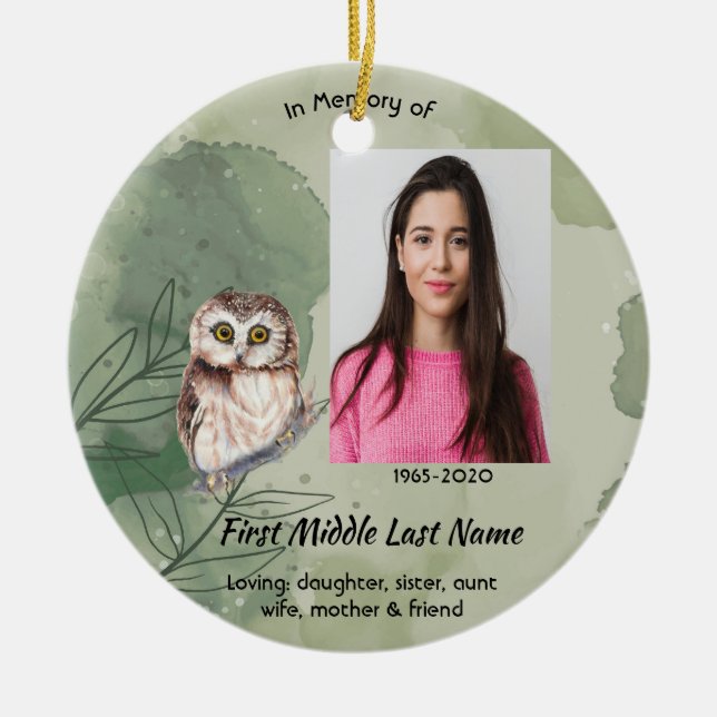 Memorial Keepsake Cute Owl Bird Ceramic Ornament (Front)