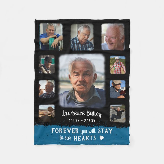 Memorial Keepsake Edge Fade Photo Collage Blk Blue Fleece Blanket (Front)