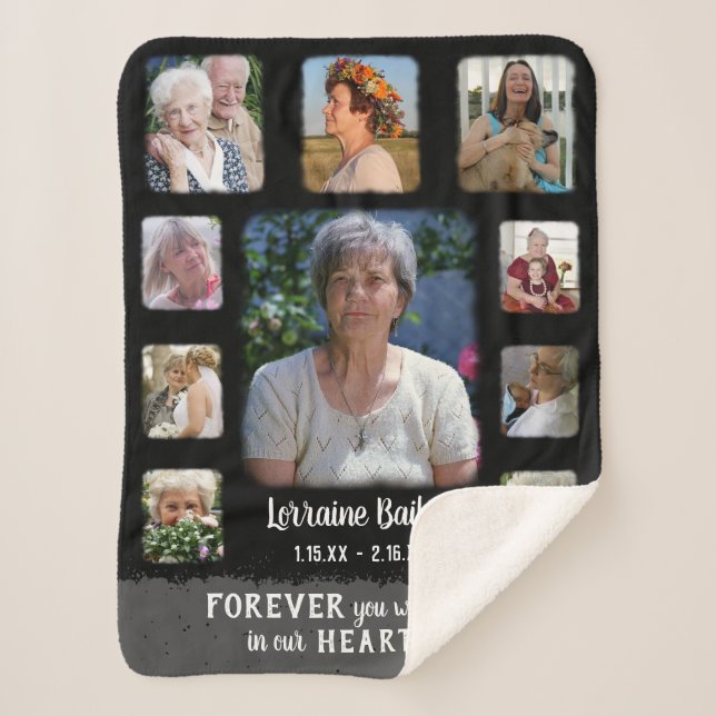 Memorial Keepsake Edge Fade Photo Collage Blk Gray Sherpa Blanket (Front)