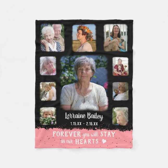Memorial Keepsake Edge Fade Photo Collage Blk Pink Fleece Blanket (Front)