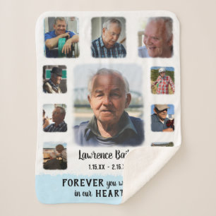 Memorial Keepsake Edge Fade Photo Collage Blue Sherpa Blanket