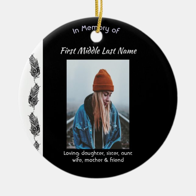 Memorial Keepsake Feather Tribal Boho  Ceramic Ornament (Front)