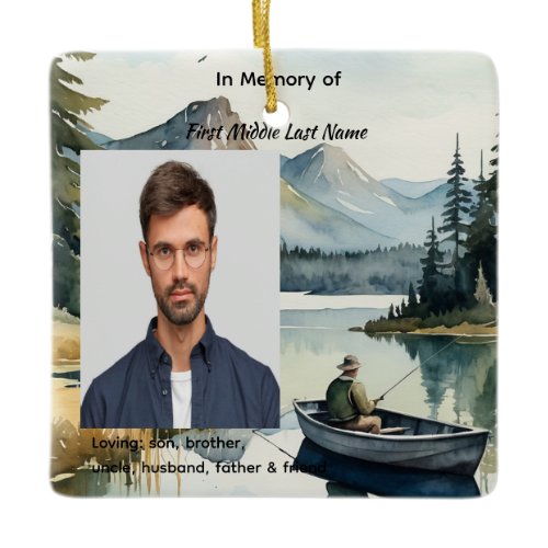 Memorial Keepsake Fishing Lake in Boat Ceramic Ornament
