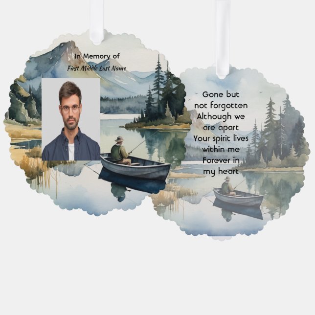 Memorial Keepsake Fishing Lake in Boat Ornament Card (Front/Back)