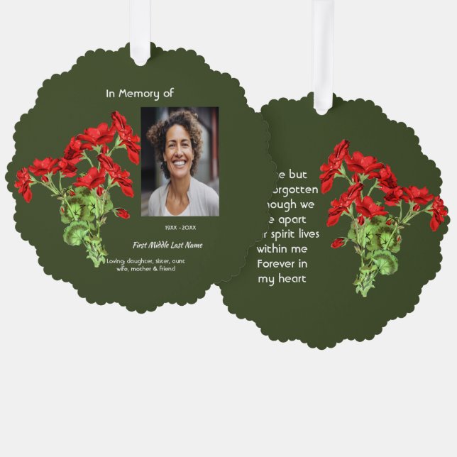 Memorial Keepsake Geranium Flower Ornament Card (Front/Back)