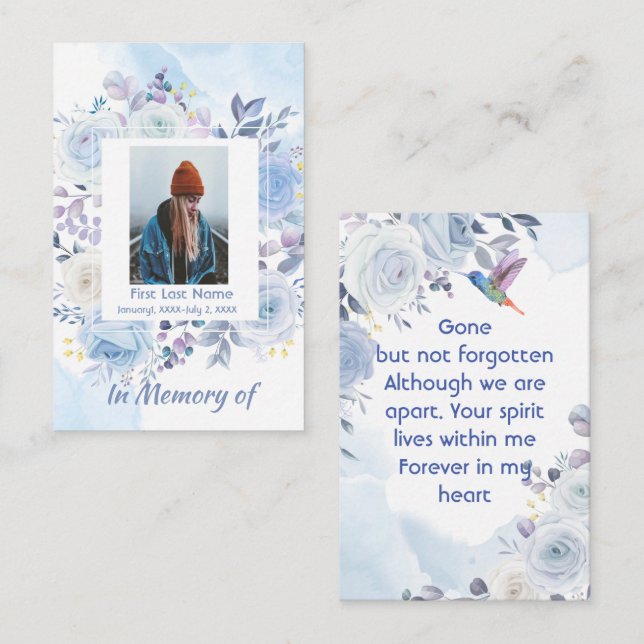 Memorial Keepsake Hummingbird Blue Roses  Business Card (Front/Back)