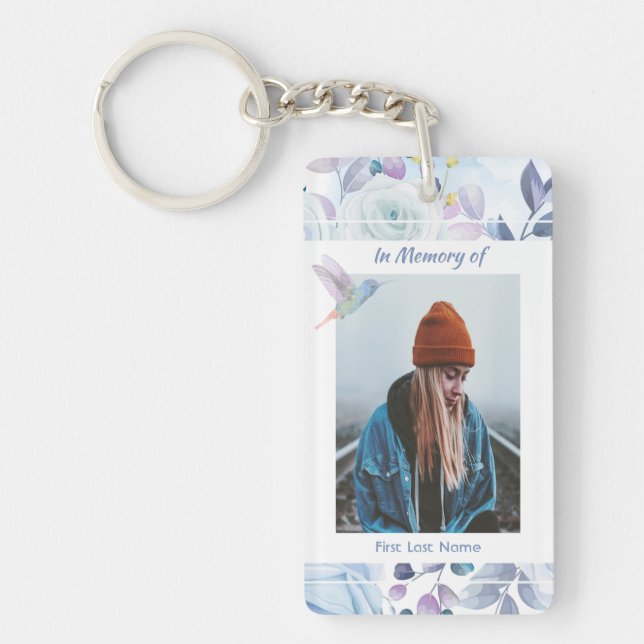 Memorial Keepsake Hummingbird Blue Roses  Keychain (Front)