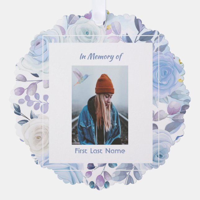 Memorial Keepsake Hummingbird Blue Roses  Ornament Card (Front)