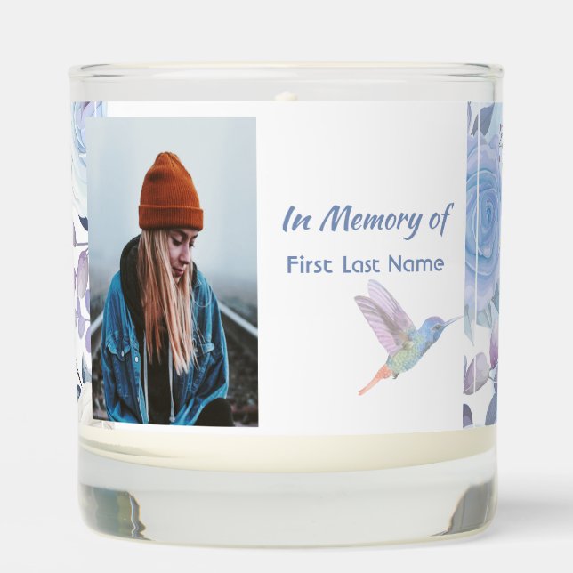 Memorial Keepsake Hummingbird Blue Roses  Scented Candle (Front)