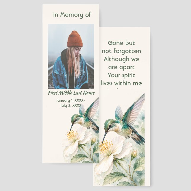  Memorial Keepsake Hummingbird White  Flowers Bookmarks (Front & Back)