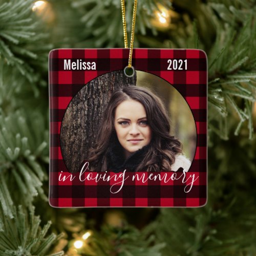 Memorial Keepsake Red Plaid Loving Memory Photo  Ceramic Ornament - Celebrate your loved one with a rustic red and black buffalo check plaid memorial christmas ornament. This unique in loving memory ornament keepsake is the perfect gift for yourself, family or friends to pay tribute to your loved one. This memorial ornament features elegant script on a red buffalo plaid background. 
Quote " In Loving Memory "
Customize with favorite photos, and name an year  . Ornament is double sided, you can do 2 favorite photos, one on each side.
See 'personalize this template' to change photo and name .  COPYRIGHT © 2020 Judy Burrows, Black Dog Art - All Rights Reserved. Memorial Keepsake Red Plaid Loving Memory Photo Ceramic Ornament 