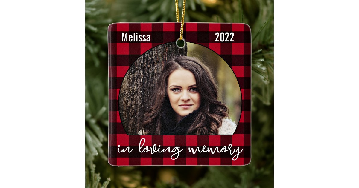 Memorial Keepsake Red Plaid Loving Memory Photo Ceramic Ornament | Zazzle