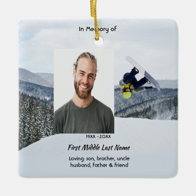 Memorial Keepsake Snowboarding Winter Ceramic Ornament (Front)