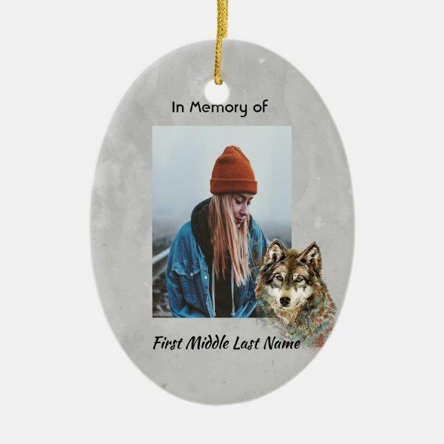 Memorial Keepsake Watercolor Wolf Animals Ceramic Ornament (Front)